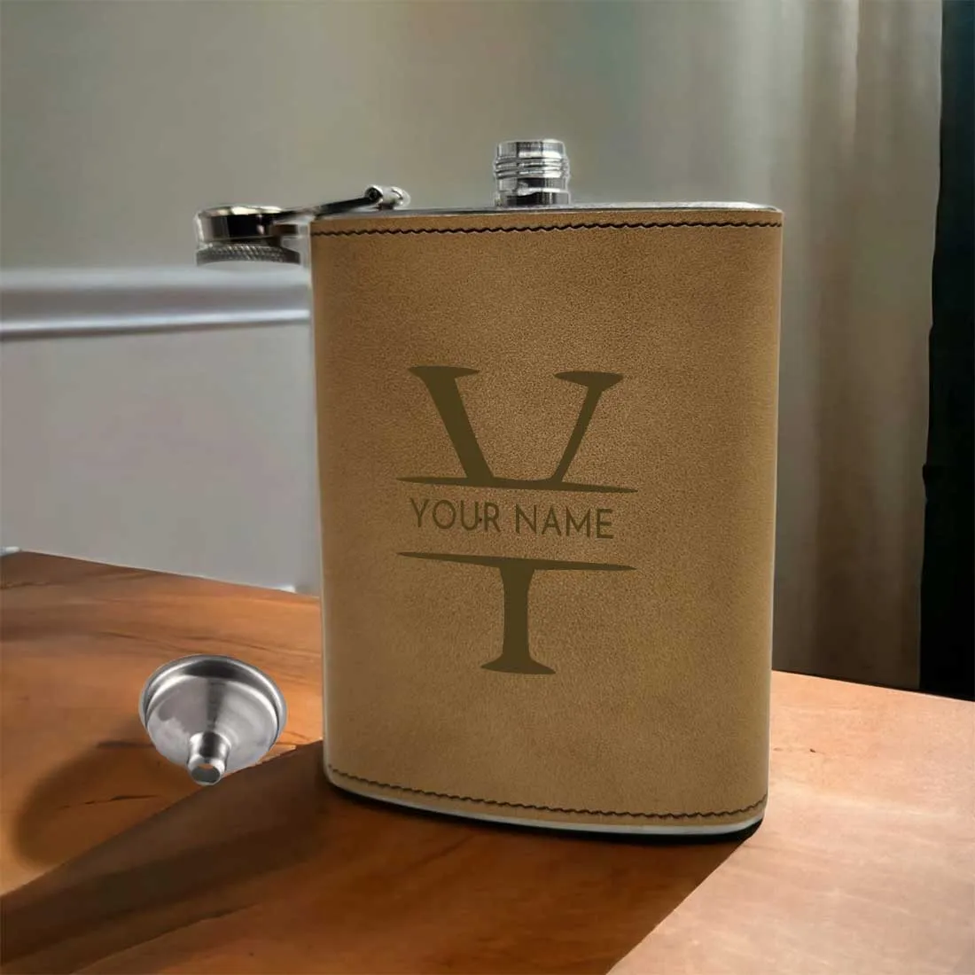 Personalized Faux Leather Hip Flask With Monogram Name Engraved