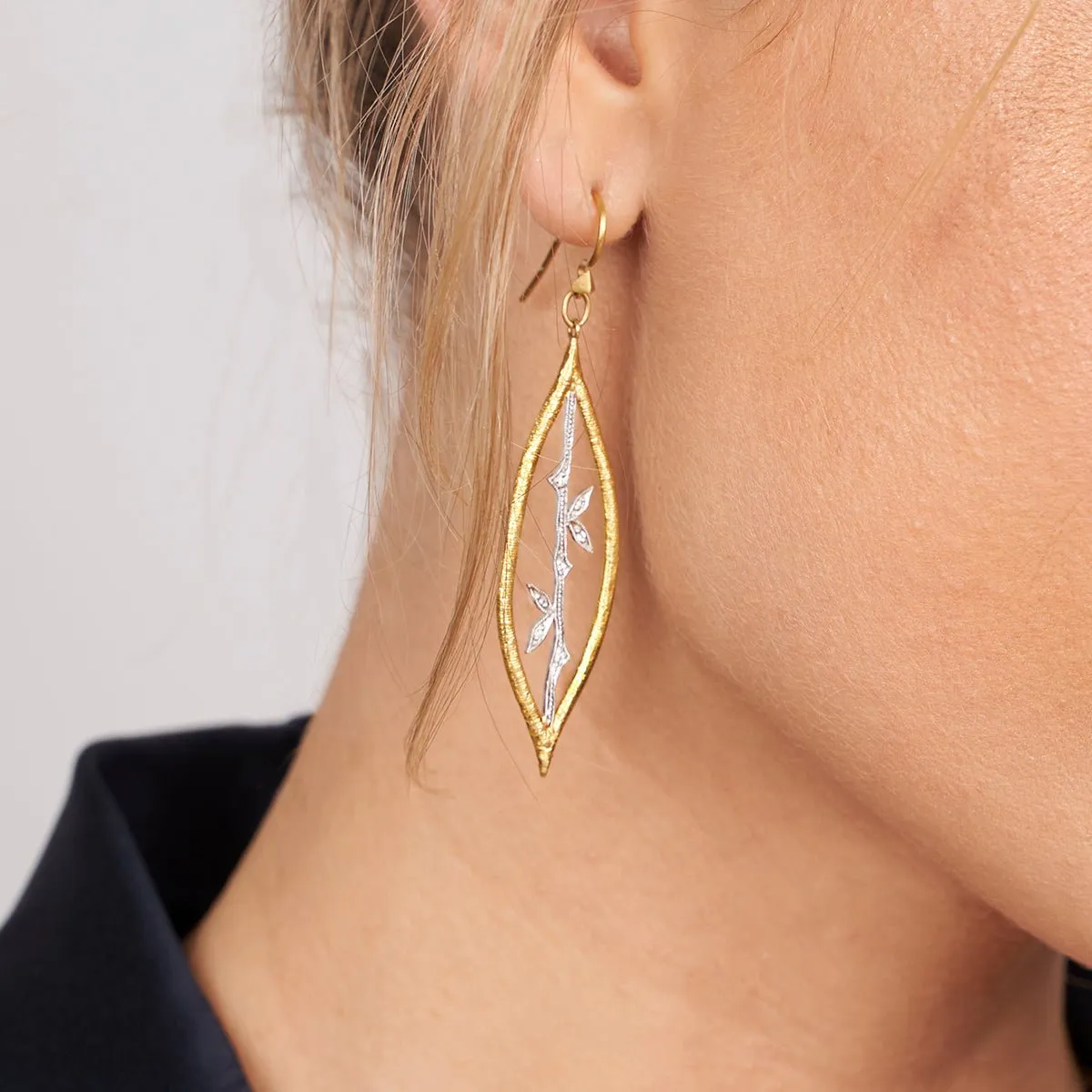 Platinum and 22K Gold Etched Marquise Bamboo Earrings