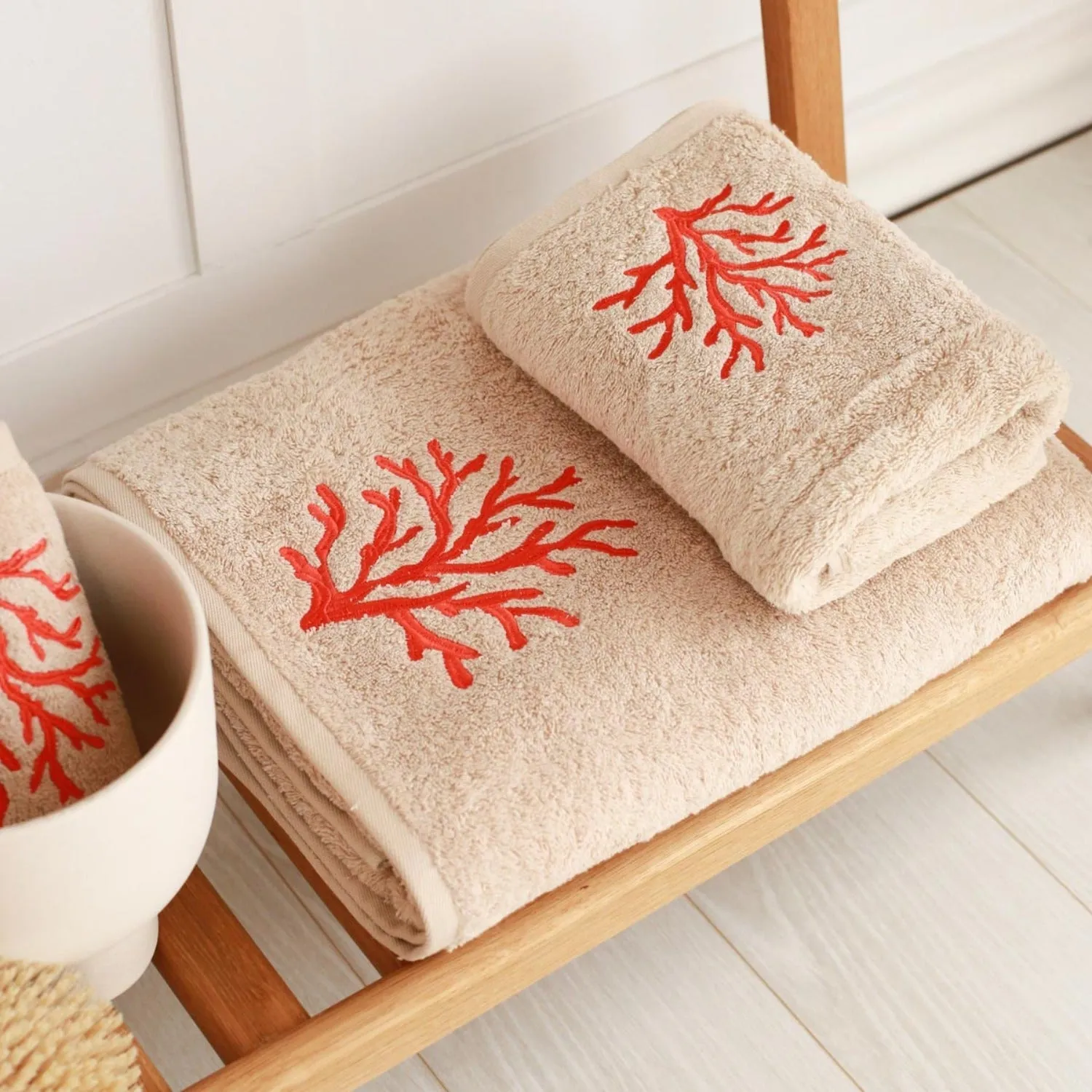 Red Coral Embroidered Bath Towel