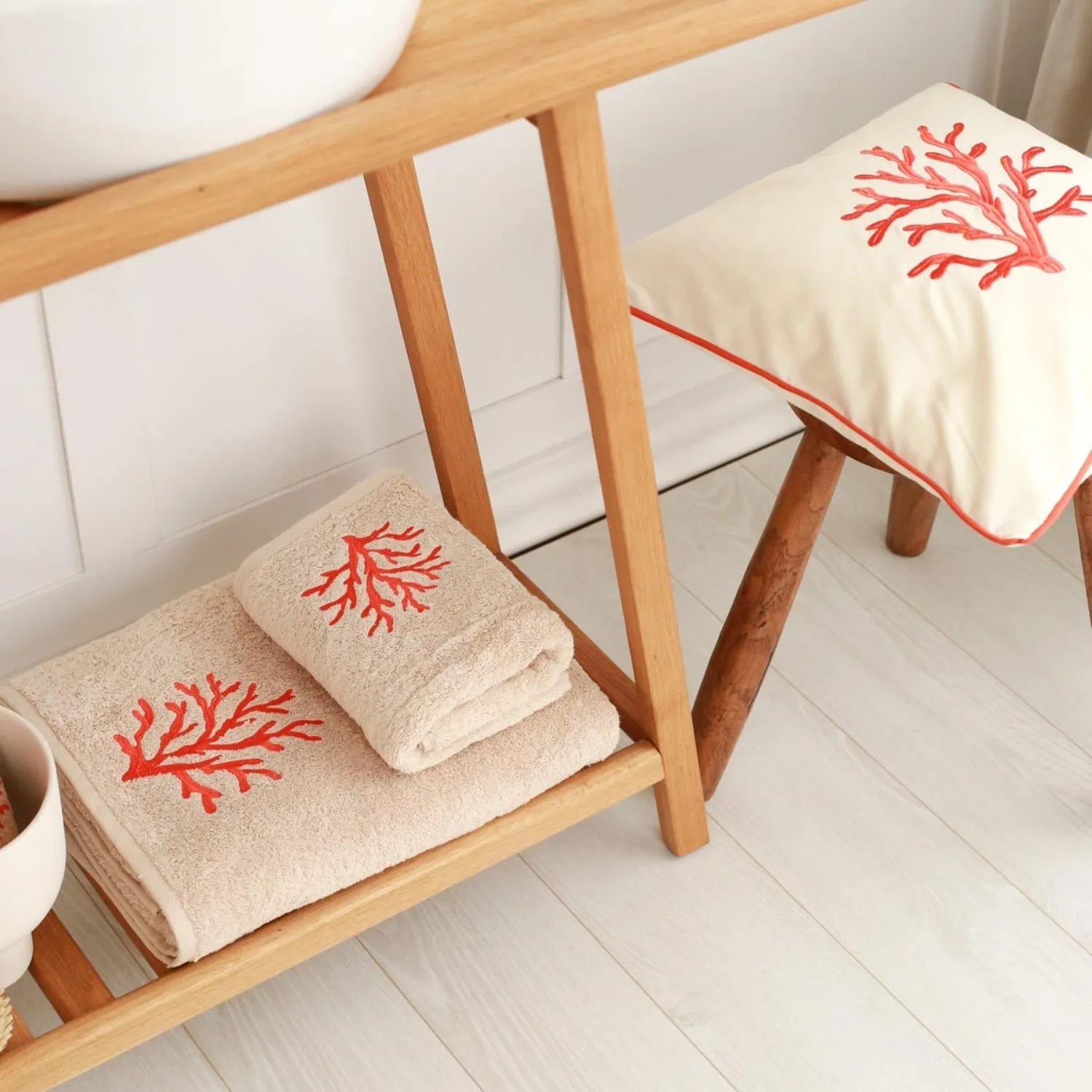 Red Coral Embroidered Bath Towel