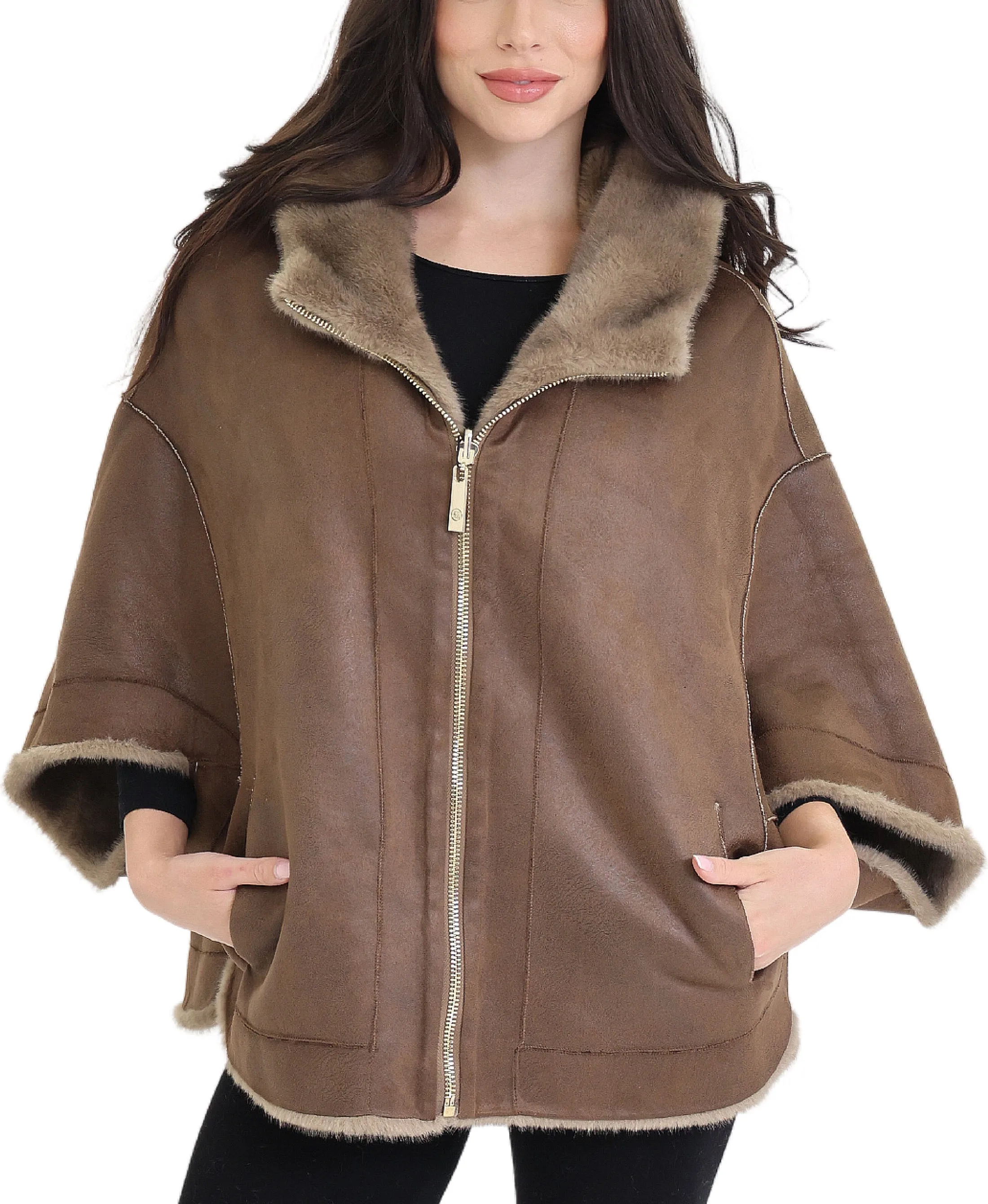 Reversible Faux Fur & Faux Suede Cape w/ Hood