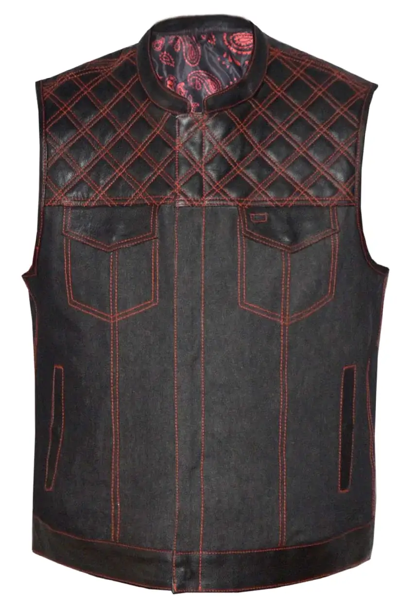 'Unik' Men's Paisley Lined Denim-Leather Vest - Black / Red