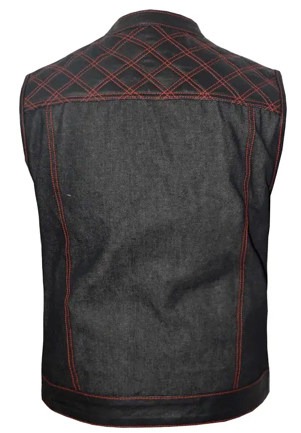 'Unik' Men's Paisley Lined Denim-Leather Vest - Black / Red