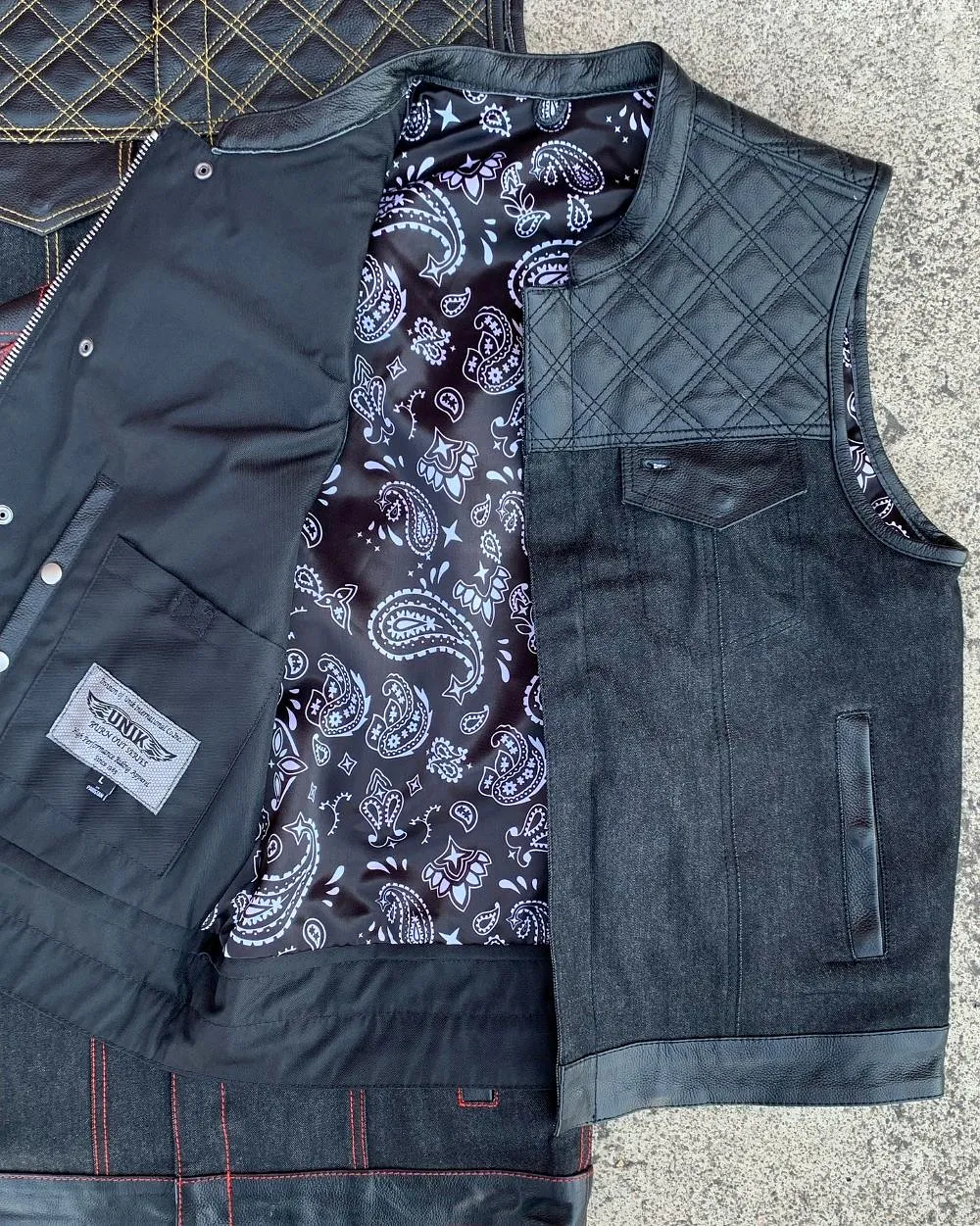 'Unik' Men's Paisley Lined Denim-Leather Vest - Black