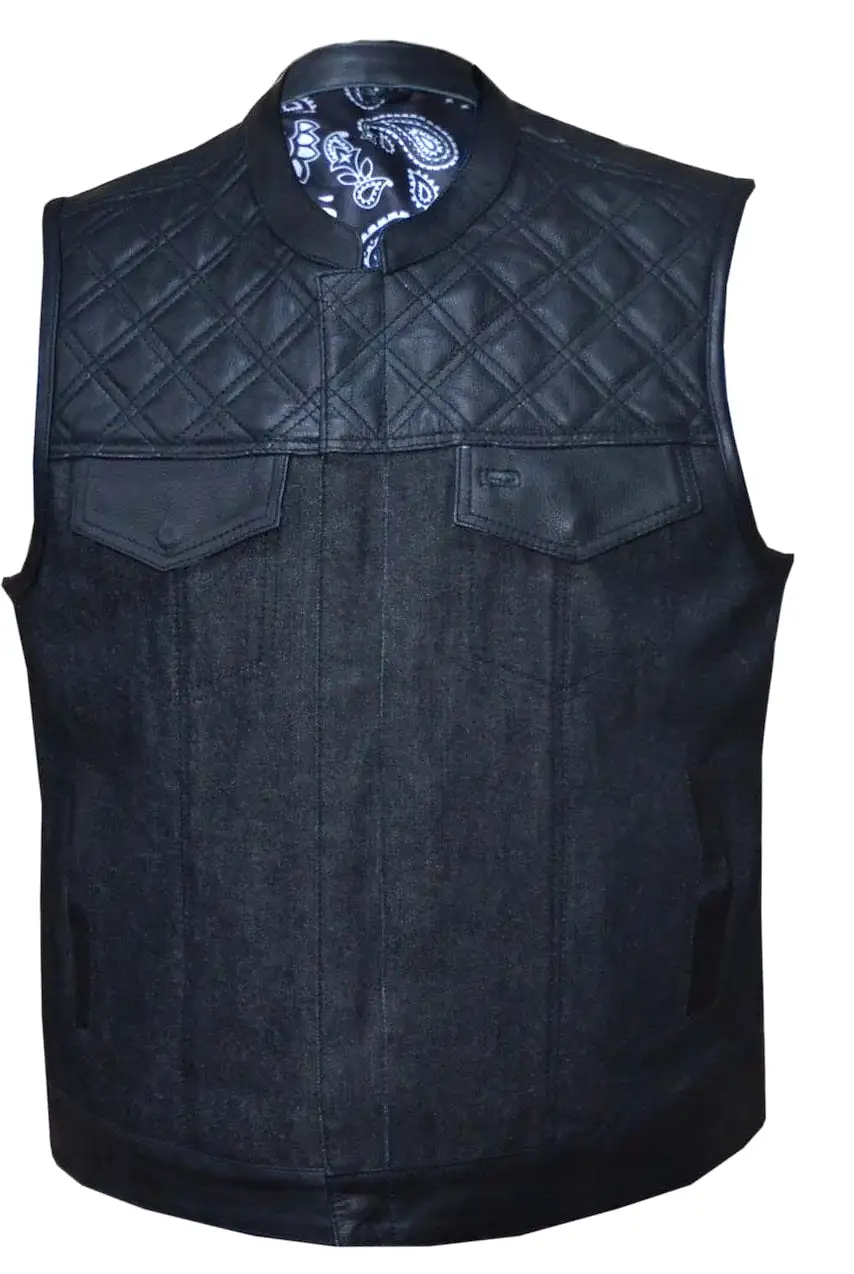 'Unik' Men's Paisley Lined Denim-Leather Vest - Black