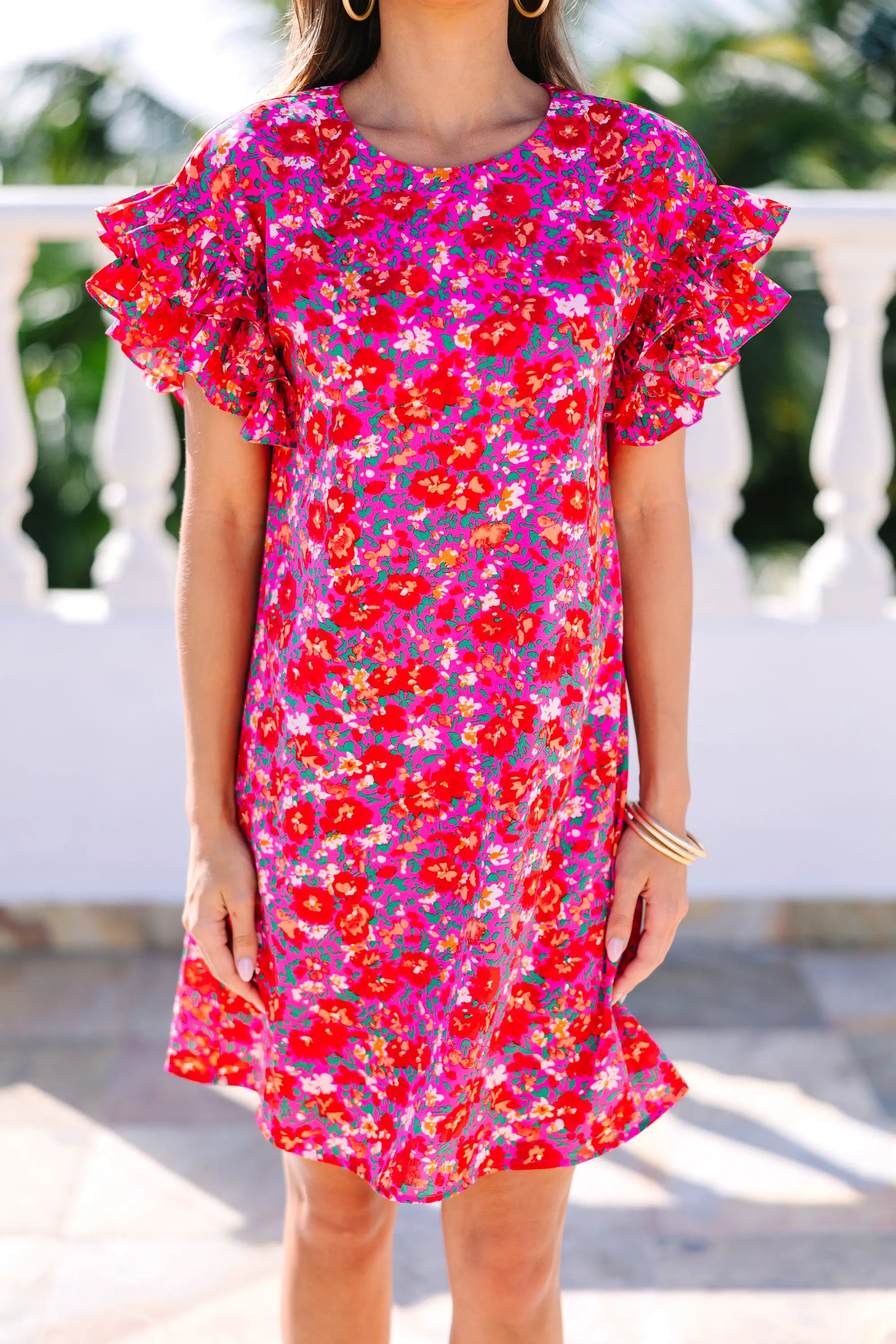 What A Vision Fuchsia Pink Floral Ruffled Dress