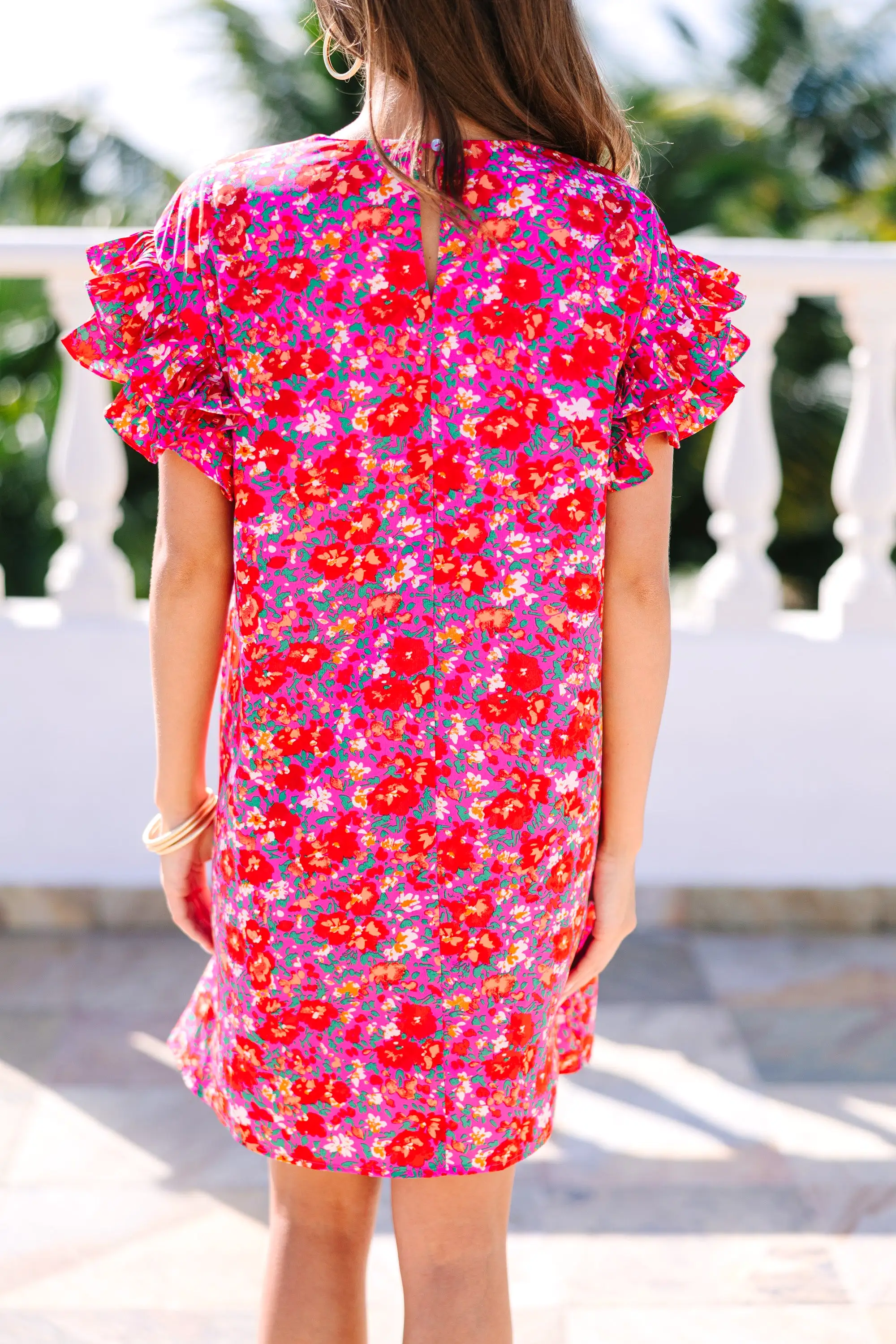 What A Vision Fuchsia Pink Floral Ruffled Dress