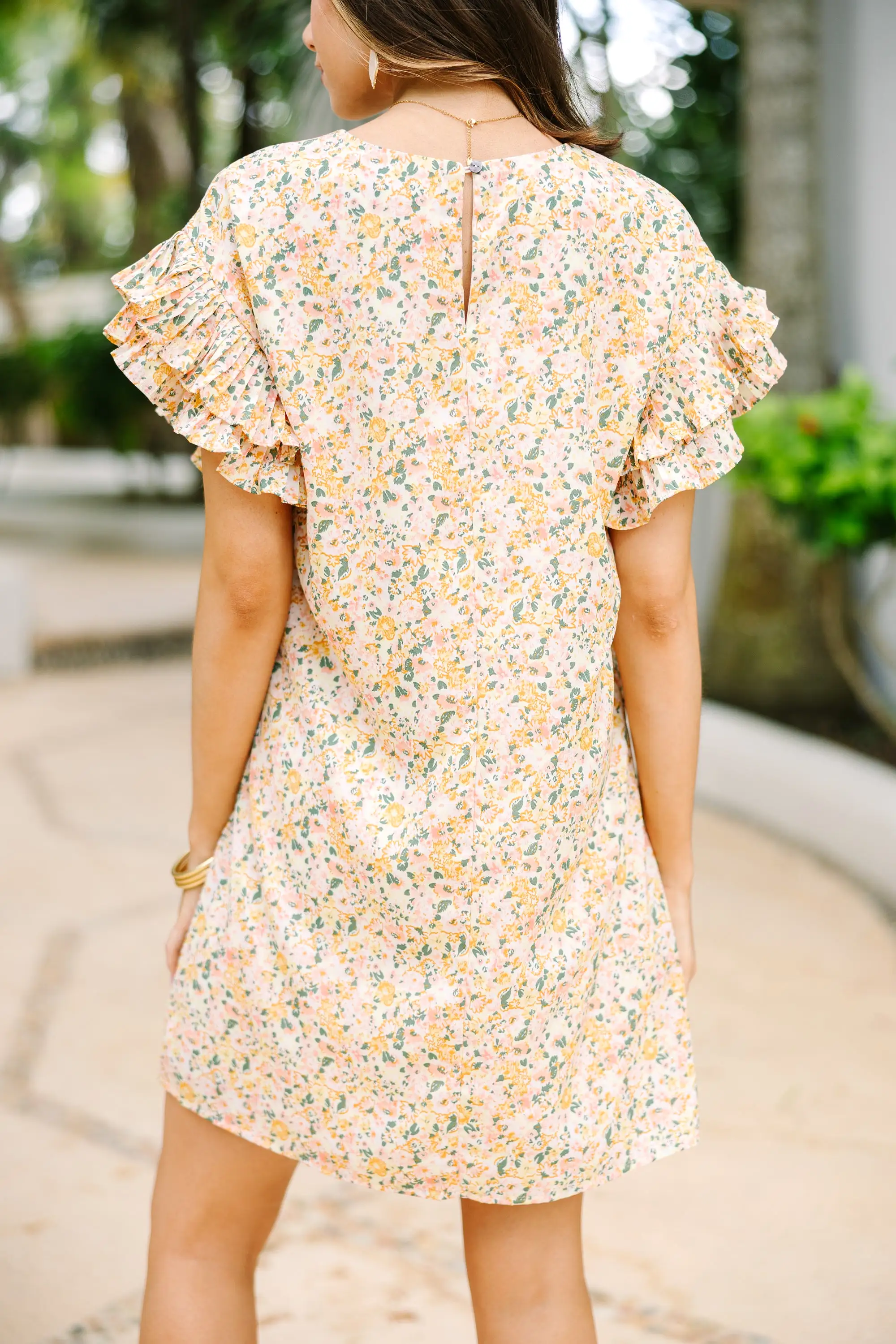 What A Vision Yellow Ditsy Floral Ruffled Dress