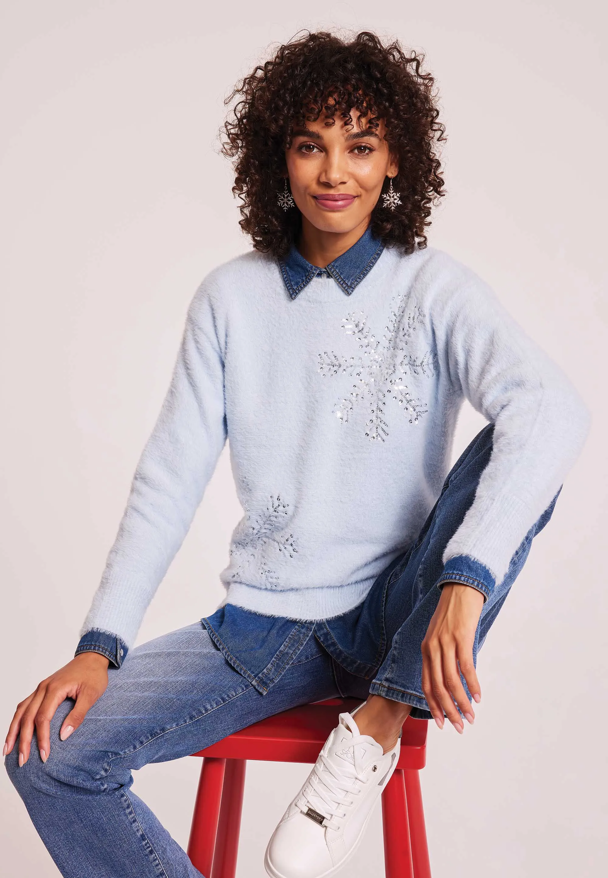 Womens Light Blue Sequin Snowflake Lash Knit Jumper