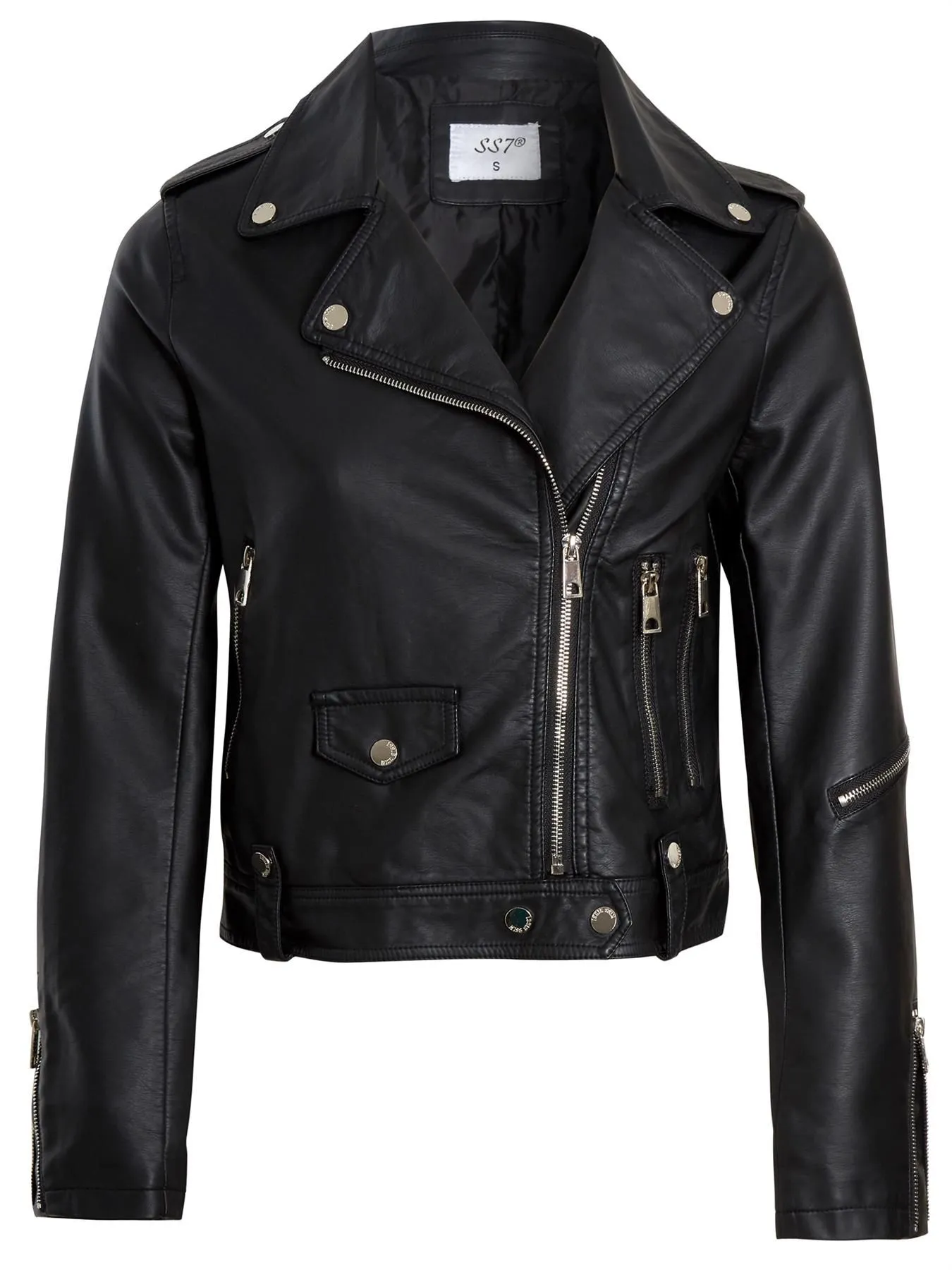 Zip Detailed Biker Jacket Faux leather, Black, UK Sizes 8 to 16